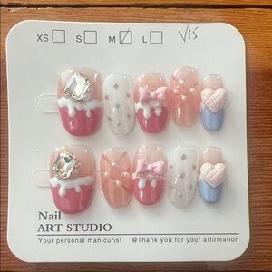 Pink and Blue Nail Art Set with Gems and Bows Size M